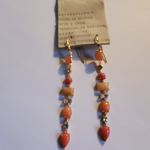 Anthropologie gold over Brass Linear pink/rose Stone drop earrings 3" In Length - Picture 1 of 7
